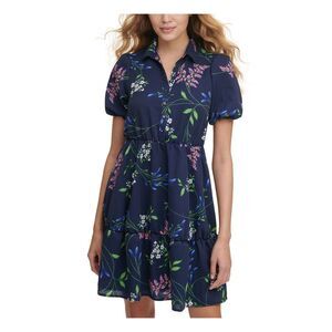 KENSIE DRESSES Womens Navy Flounce Hemline Shirred Waist Short Shirt Dress 0
